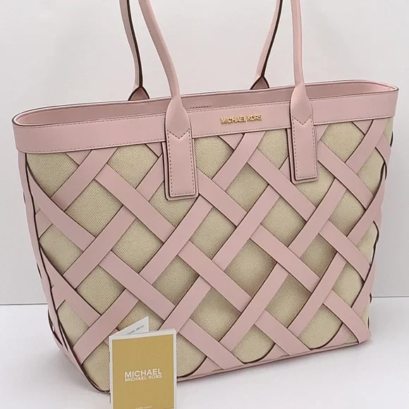 Michael Kors Sienna Large Tote Shoulder Bag Powder Blush Leather Canvas - Picture 7 of 16